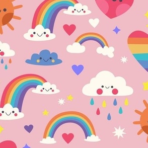 Rainbow Clouds Summer Fabric Baby Room Hearts, Light Pink, Kids Fabric