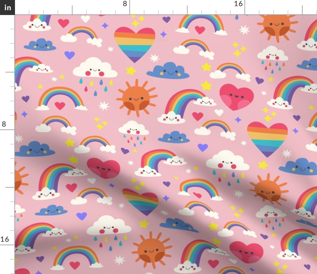 Rainbow Clouds Summer Fabric Baby Room Hearts, Light Pink, Kids Fabric