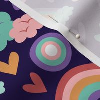 Rainbow Rain Clouds Baby Fabric Cute on Dark Purple Background, Kid Fabric