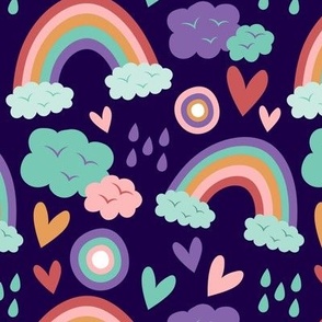 Rainbow Rain Clouds Baby Fabric Cute on Dark Purple Background, Kid Fabric