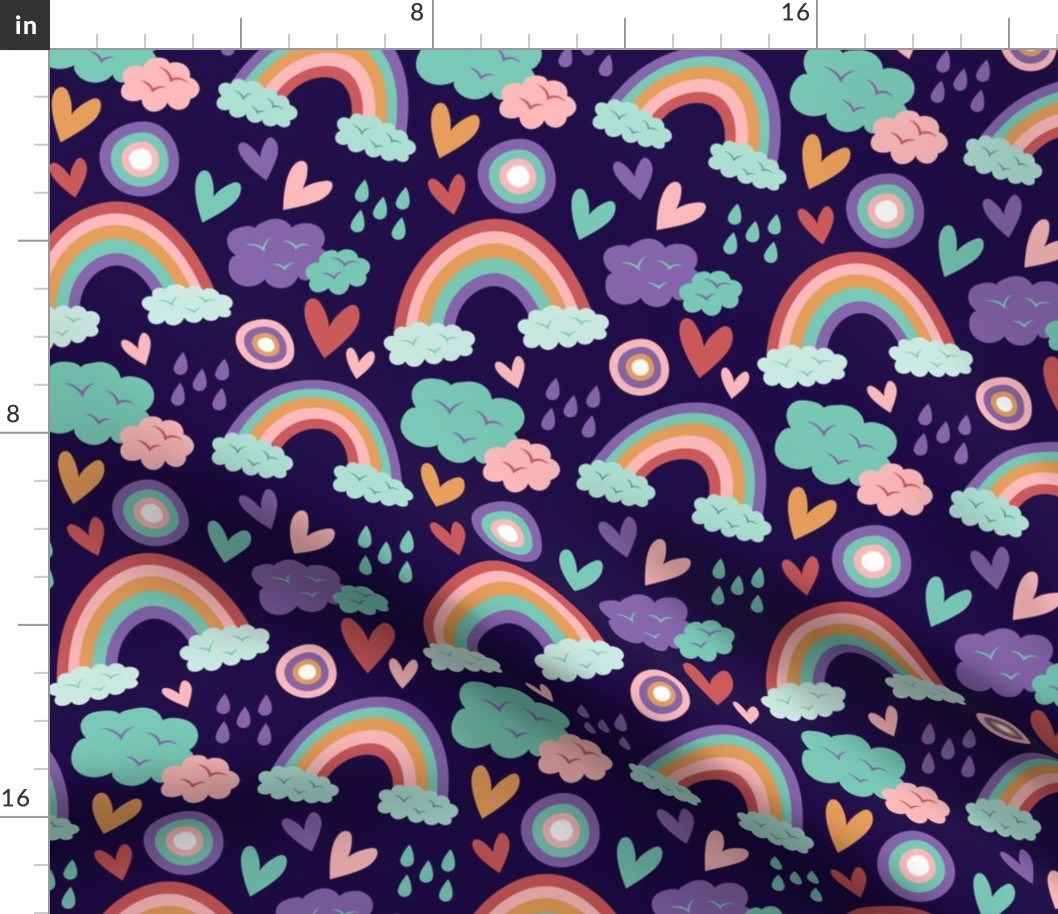 Rainbow Rain Clouds Baby Fabric Cute on Dark Purple Background, Kid Fabric