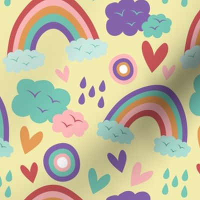 Rainbow Rain Clouds Baby Fabric Cute Cute Baby Fabric Light Yellow