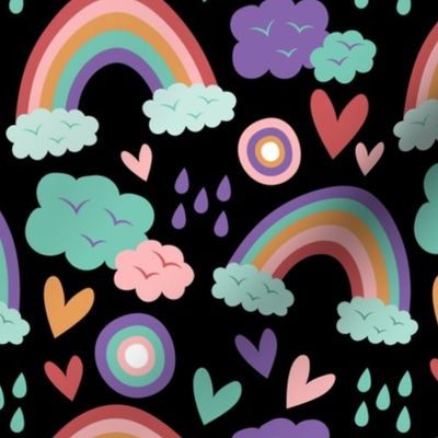 Rainbow Rain Clouds Baby Fabric Cute Cute Baby Fabric Black Background