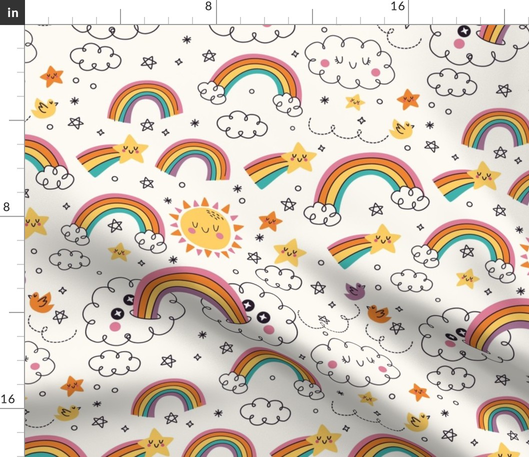 Rainbow Clouds Stars Doodle Sunshine Cute Kids Fabric, Teen Fabric