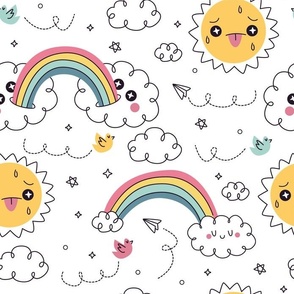 Rainbow Clouds Stars Doodle Sunshine Cute Kids Fabric, Teen Fabric