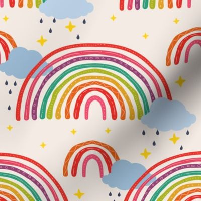 Rainbows BoHo Colorful Kids Summer Fabric, Watercolor
