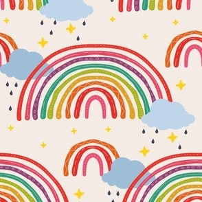 Rainbows BoHo Colorful Kids Summer Fabric, Watercolor