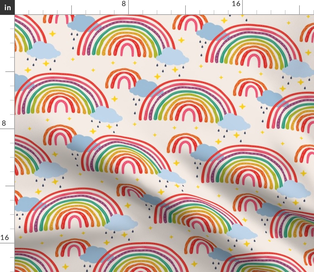 Rainbows BoHo Colorful Kids Summer Fabric, Watercolor