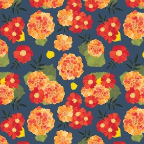 Marigold Floral Toss on Slate Blue Background