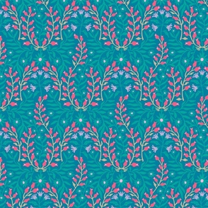 Salon Art Nouveau Damask Garden Floral Botanical in Bright Summer Colors Turquoise Rose Pink Sand on Blue - SMALL Scale - UnBlink Studio by Jackie Tahara
