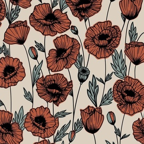 Poppies - Red and Beige Large Scale