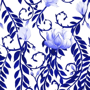 Blue India Ink Hawaiian Flowers On Vines  