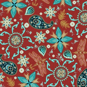 Boho Paisley Country Meadow VIX on Red 