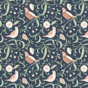 Small Art Nouveau Californian Quail in Dark Blue Background