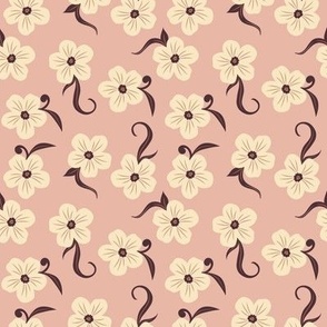 Medium Ditsy  Cream Cherry Blossoms Flowers with a Blush Pink Background 