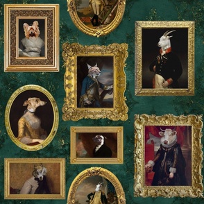 18" Famous Mystic Goth Animals  Portraits In The Museum  - dark green damask wallpaper