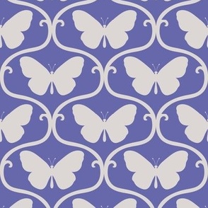Medium Victorian Art Nouveau Cream Butterfly Silhouette Ornaments with Very Peri Purple  Background