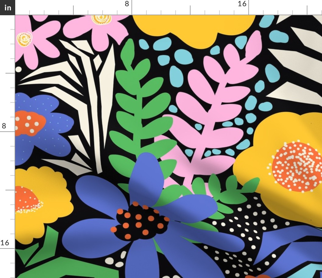 V1  Modern Bright Florals On Black - Large