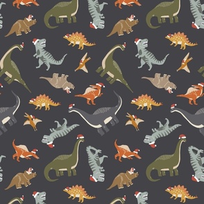 Tossed colorful Christmas dinosaurs for boys on slate