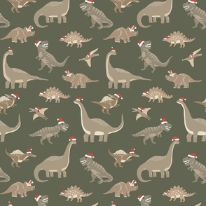 Muted Christmas Dinosaurs in Green with red Santa Hat