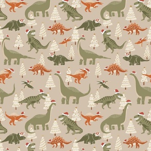 Muted Christmas Dinosaurs on Beige with santa hats