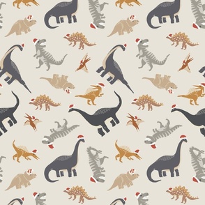 tossed Earth tone Christmas dinosaurs on light gray