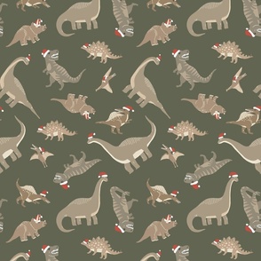 Tossed Muted Christmas Dinos in Green with Santa Hats