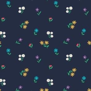 Retro wildflowers scandinavian blossom garden boho floral flowers and vines colorful white yellow teal on navy blue SMALL 