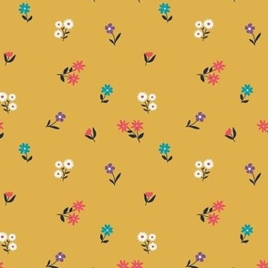 Retro wildflowers scandinavian blossom garden boho floral flowers and vines white coral blue on ochre mustard yellow SMALL