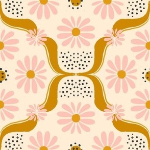 Vintage Flowers - pink and mustard on cream background