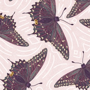 24' Purple butterfly on pale dust powder blush pink textured background | Non-directional butterflies wallpaper