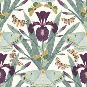Dutch Iris flower & Moths |  magical meadow | dark purple & mint / sage green on cream / off white speckled texture | medium M