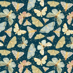 moths at night | non-directional dense tossed | sparkly magic dust | starry night | magical meadow on prussian/Paris/parisian/navy/petrol/teal blue | golden dust particles texture | large L