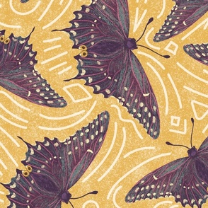 24' Purple butterfly on mustard yellow textured background | Non-directional butterflies wallpaper