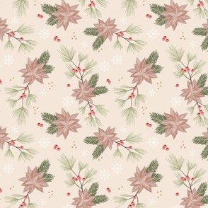 Christmas vines and berries holiday blossom flowers and snowflakes botanical seasonal mistletoe and poinsettia flower neutral tan beige green blush 