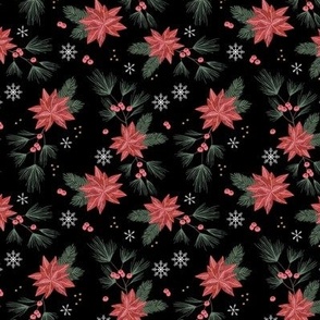 Christmas vines and berries holiday blossom flowers and snowflakes botanical seasonal mistletoe and poinsettia flower vintage red coral green on black night 