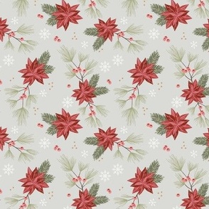 Christmas vines and berries holiday blossom flowers and snowflakes botanical seasonal mistletoe and poinsettia flower vintage red coral green on mist green gray 