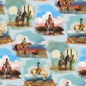 Western Skies Toile in Blue Smoke - Cowboy Toile, Cowgirl Toile, Vintage Toile