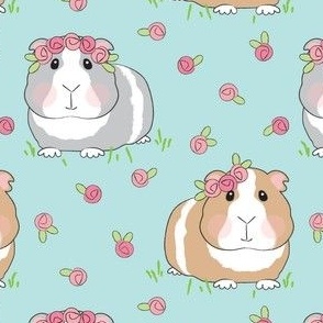 large guinea pigs with roses on dusty teal