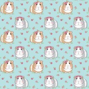small guinea pigs with roses on dusty teal
