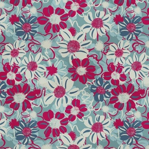 Brushstroke Floral-Mineral Blue with Cerise Plum
