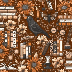 Books and Flowers, Dark Library, Neutral Browns / Large Scale