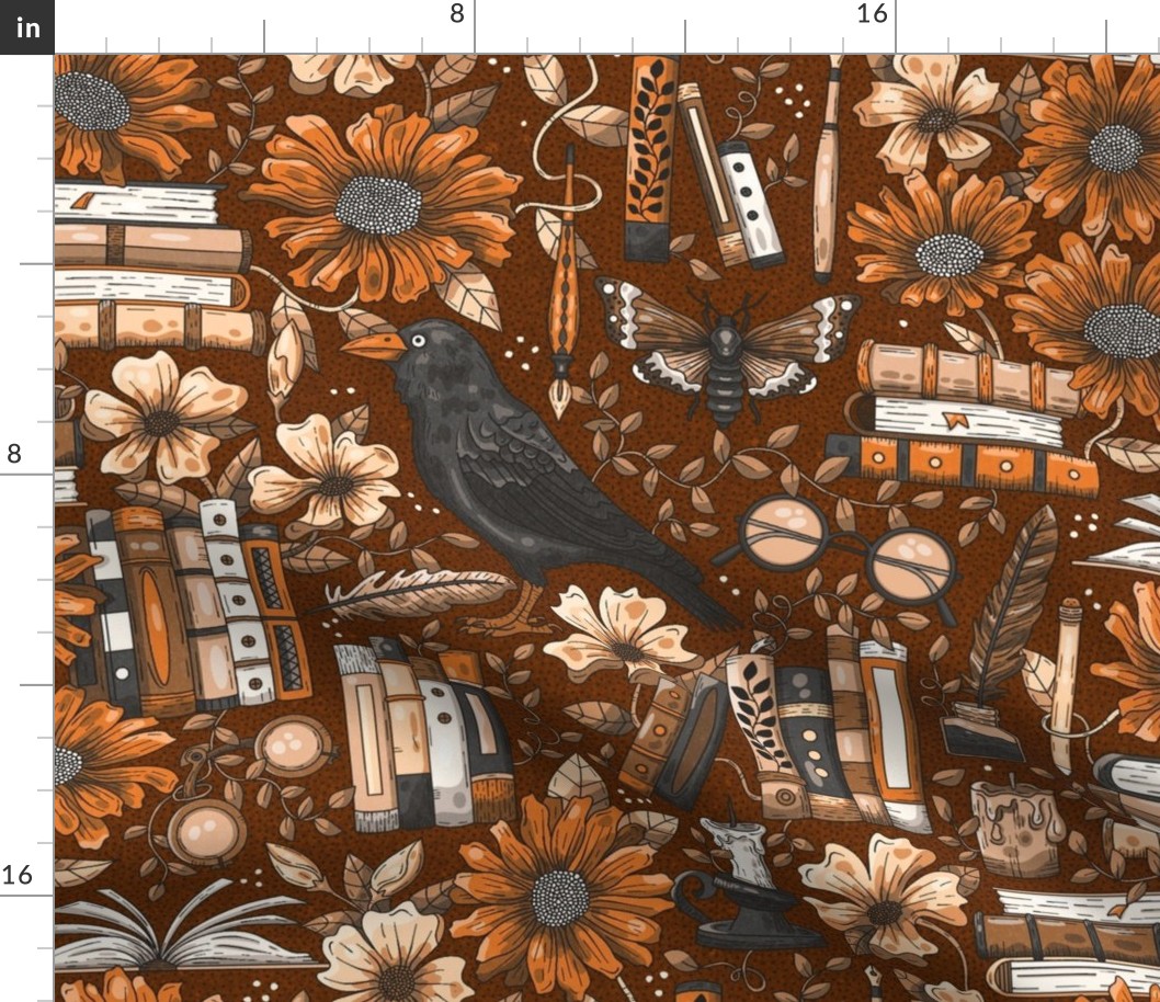Books and Flowers, Dark Library, Neutral Browns / Large Scale