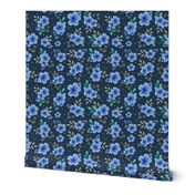 Large Scale Blue Watercolor Flowers on Navy