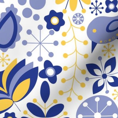 Scandinavian Maximalist Folk Birds and Blooms - Yellow-Blue White