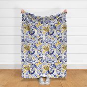 Scandinavian Maximalist Folk Birds and Blooms - Yellow-Blue White