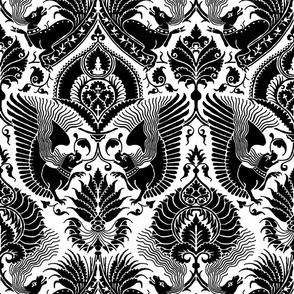 fancy damask with animals, black on white