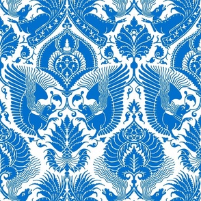 fancy damask with animals, blue on white