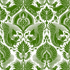 fancy damask with animals, green on white