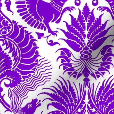 fancy damask with animals, purple on white